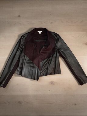 Faux Leather Draped Collar Jacket - Black